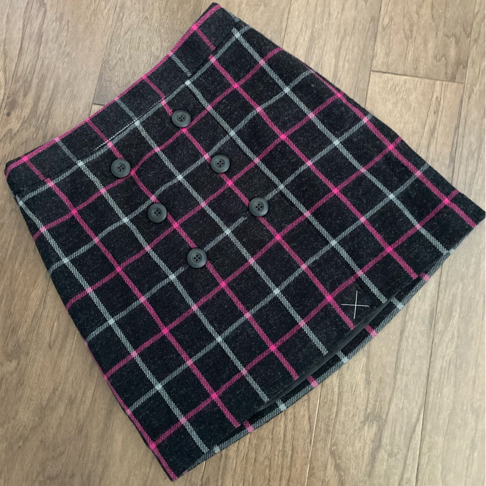 NWT LOFT Petite Sz 2 Window Pane Skirt Fall Winter Wool Blend Grey & Pink Button